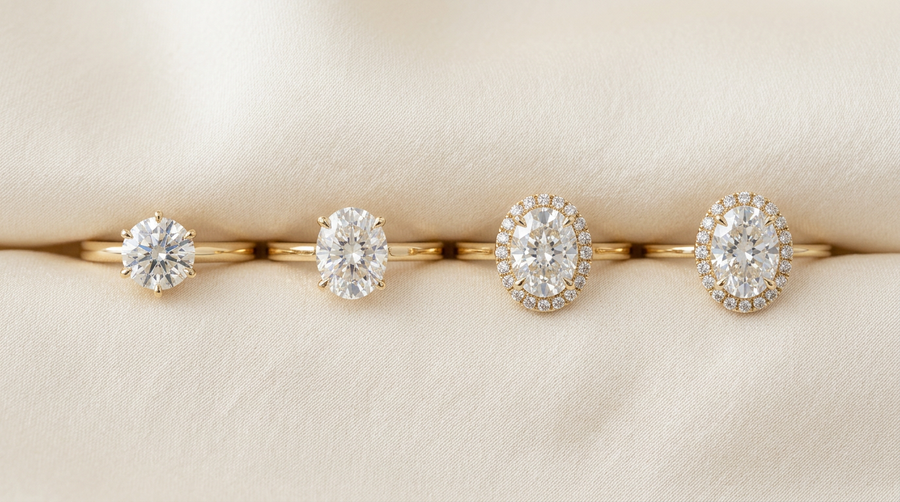 Four 1 carat lab grown diamond rings showing apparent size progression - round, oval, halo, halo with thin band