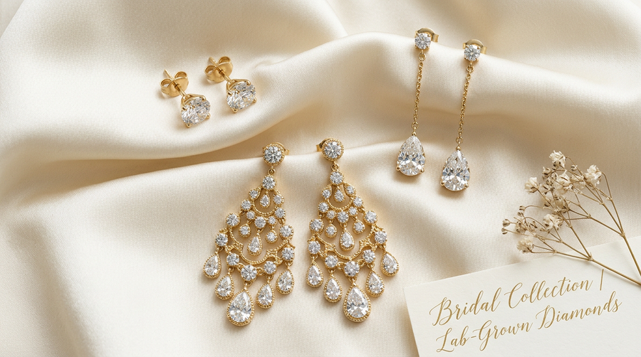 Three bridal lab grown diamond earring styles - studs, drops, chandelier - in 14k yellow gold flat-lay