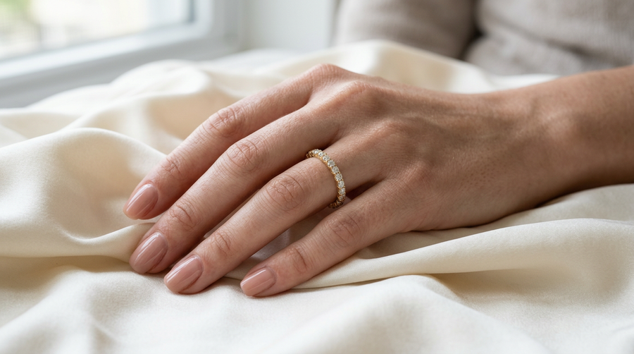 Full eternity petite pave lab grown diamond wedding band in 14k yellow gold worn on hand
