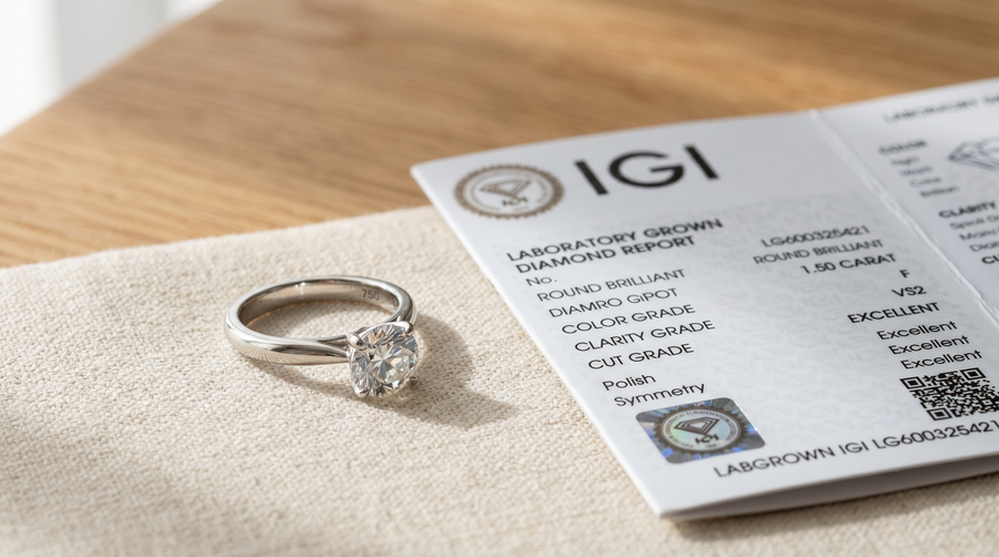 "Lab grown diamond engagement ring in white gold solitaire setting next to IGI grading certificate, demonstrating value and certification"