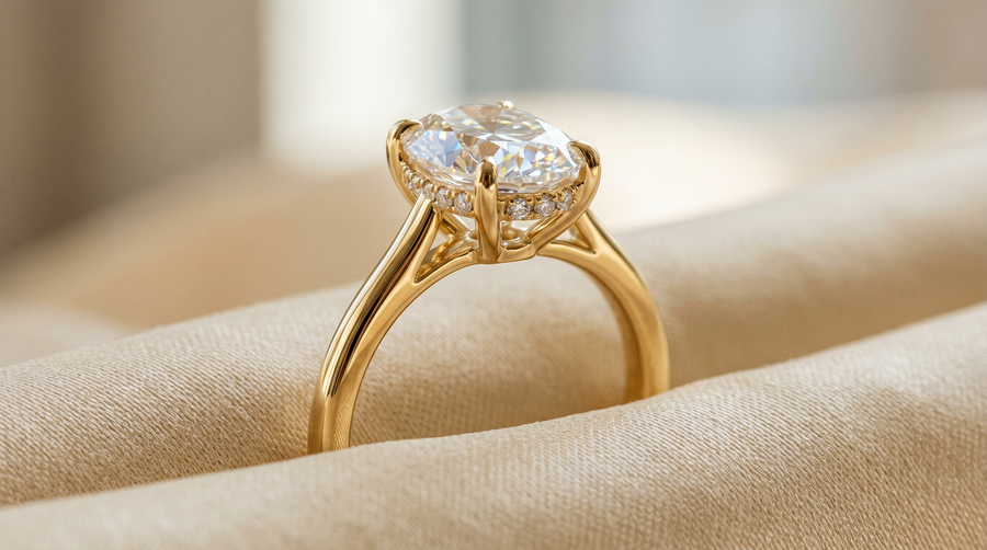 1.5 carat oval lab grown diamond engagement ring with hidden halo of micro-pavé accent diamonds in 18k yellow gold, shown at angle revealing side-profile halo