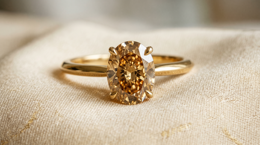 2 carat oval lab grown champagne diamond engagement ring in 18k yellow gold solitaire, warm honey body tone harmonizing with gold band