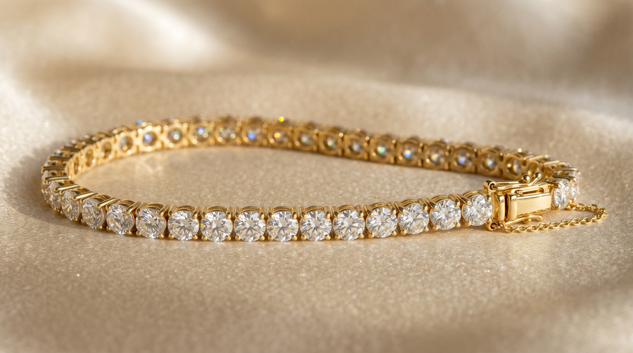 5 carat total weight lab grown diamond tennis bracelet in 18k yellow gold laid flat on cream silk, showing continuous line of identical round brilliant diamonds