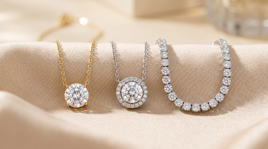 Three styles of lab grown diamond necklaces — solitaire pendant, halo pendant, and tennis necklace — on champagne silk