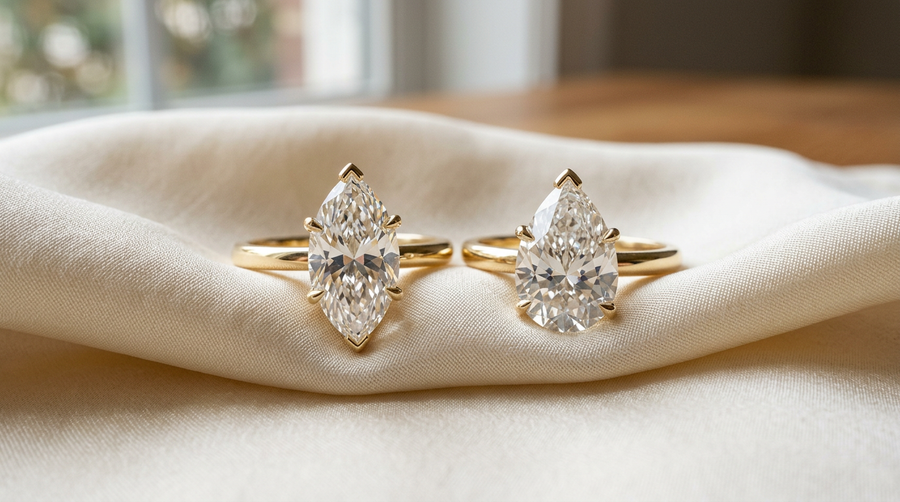 Marquise cut beside pear cut lab grown diamond engagement rings in 14k yellow gold for shape comparison
