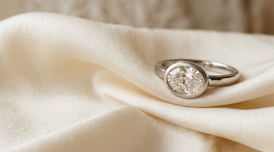 East-west set oval lab grown diamond engagement ring in 18k white gold bezel — Mohana Jewels