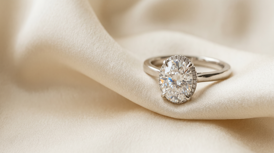 Oval lab grown diamond engagement ring in 18k white gold hidden halo on cream silk — Mohana Jewels