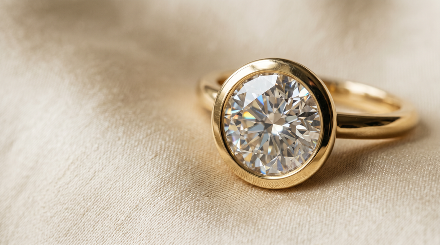 1.5 carat round brilliant lab grown diamond engagement ring in full bezel setting 18k yellow gold on cream silk