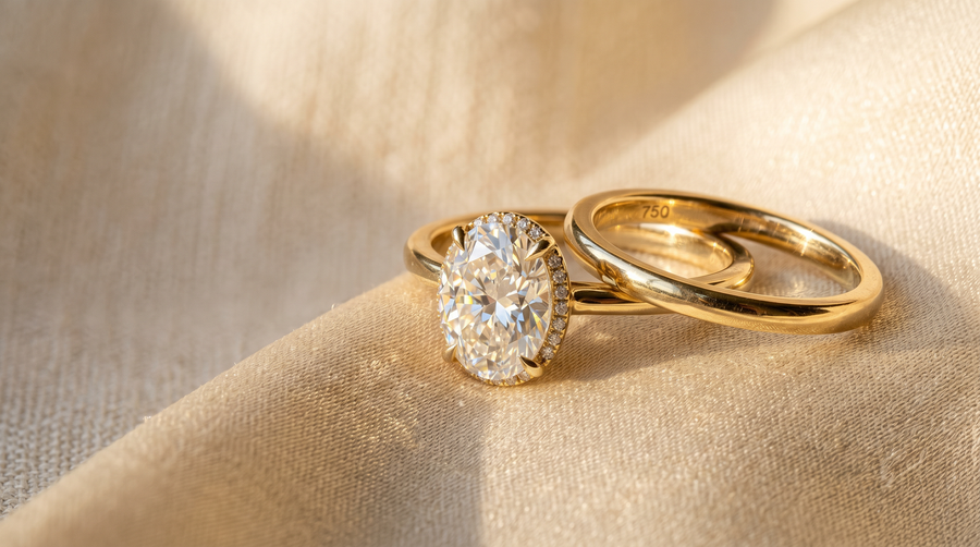 1.5 carat oval lab grown diamond engagement ring paired with 2mm classic plain 18k yellow gold wedding band on cream silk, summer bridal styling