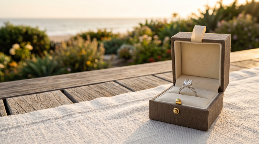 Summer proposal ring box with oval lab grown diamond engagement ring at golden hour — Mohana Jewels