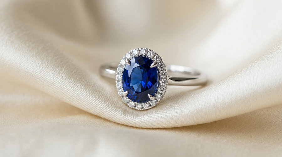 Royal blue sapphire engagement ring with lab grown diamond halo in 14k white gold on cream silk