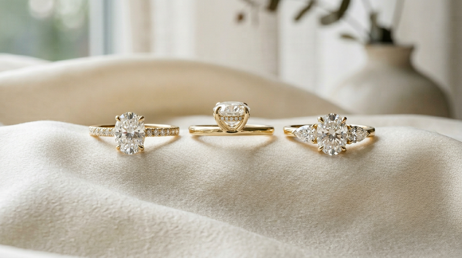 Three lab grown diamond engagement ring settings - pave, hidden halo, three-stone - in 14k yellow gold