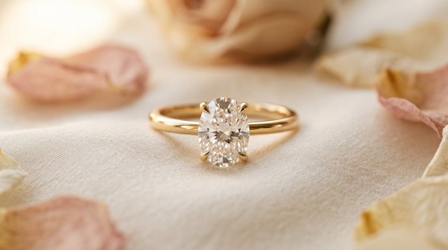 Oval lab grown diamond engagement ring in 18k yellow gold solitaire setting on cream silk with rose petals - 2026 yellow gold trend