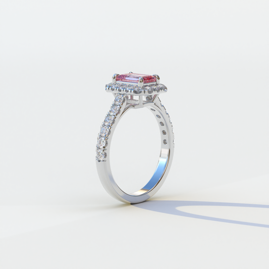 1 Carat Fancy Vivid Pink Emerald Cut Lab Diamond Halo Engagement Ring - Freesia