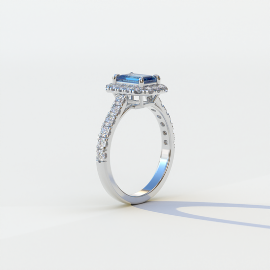 1 Carat Fancy Vivid Blue Emerald Cut Lab Diamond Halo Engagement Ring - Freesia