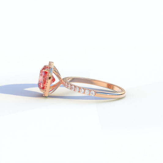 2 Carat Pink Cushion Cut Lab Grown Diamond Ring Halo & Pave Setting - Rosa