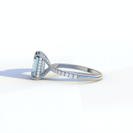 3 Ct Blue Emerald Cut Lab Diamond In Hidden Halo & Pave Setting Ring - Austin