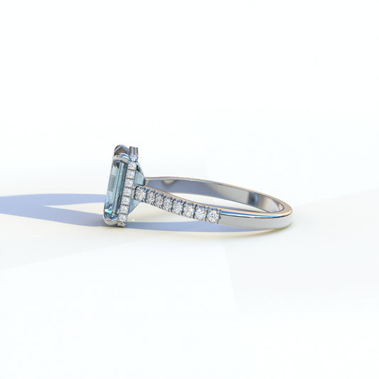 2.5 Ct Blue Emerald Cut Lab Diamond In Hidden Halo & Pave Setting Ring - Siena