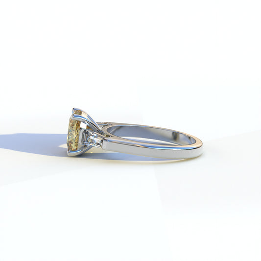 3 Stone 2.5 Ct Yellow Cushion & Baguette Cut Lab Grown Diamond Ring - Scintillating