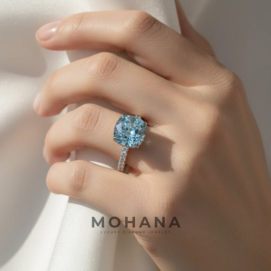 2.5 Carat Fancy Blue Cushion Cut Hidden Halo & Pave Lab Grown Diamond Ring
