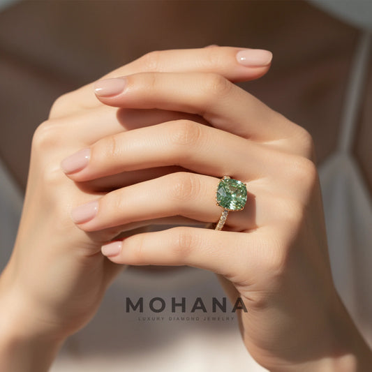 2.5 Carat Fancy Vivid Green Cushion Cut Hidden Halo & Pave Lab Grown Diamond Ring