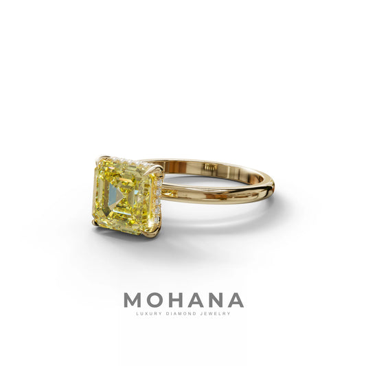 2.5 Carat Yellow Asscher Cut Hidden Halo Setting Lab Grown Diamond Ring