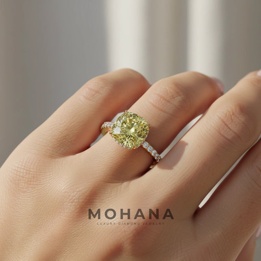 2.5 Carat Fancy Yellow Cushion Cut Hidden Halo & Pave Lab Grown Diamond Ring