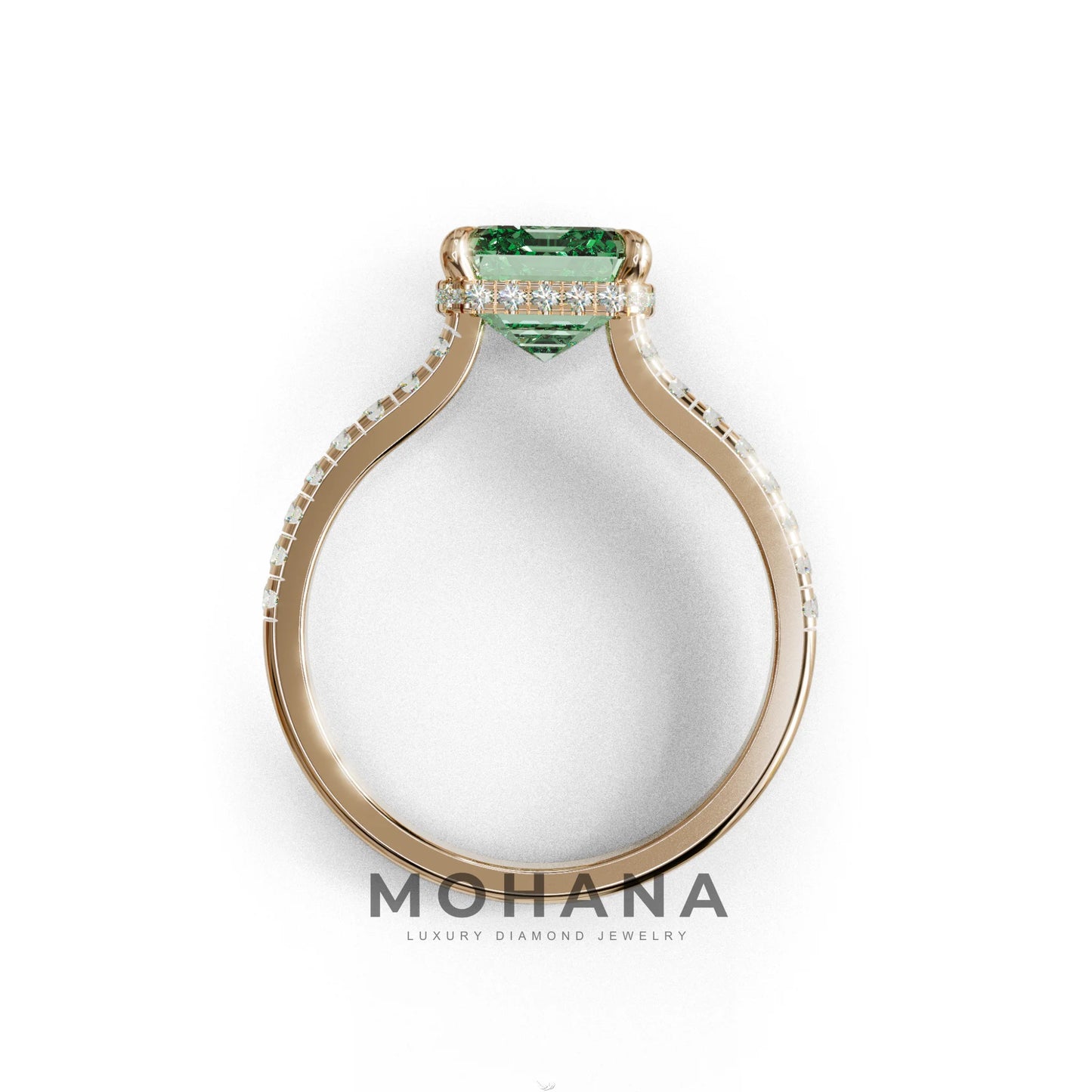 2.5 Ct Green Emerald Cut Lab Diamond In Hidden Halo & Pave Setting Ring - Siena