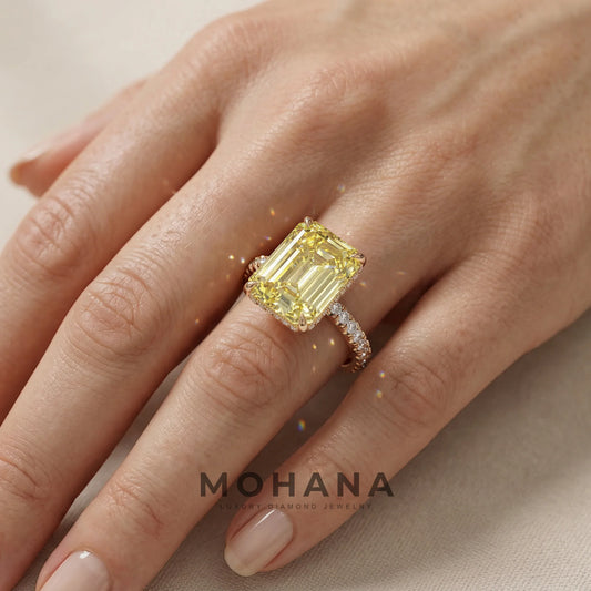 2.5 Ct Yellow Emerald Cut Lab Diamond In Hidden Halo & Pave Setting RIng - Siena