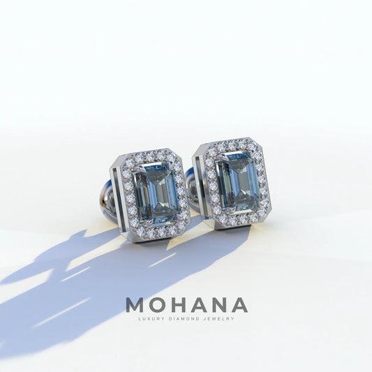 2 Carat Blue Emerald Cut Halo Setting Lab Diamond Stud Earrings - Hailey