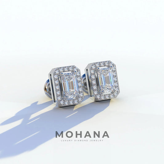 2 Carat Emerald Cut Halo Setting Lab Diamond Stud Earrings - Hailey