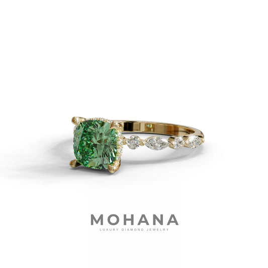 2 Carat Green Cushion Cut Hidden Halo & Pave Lab Diamond Ring - Daisy