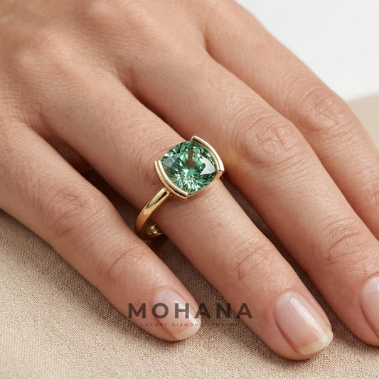 2 Carat Green Cushion Cut Lab Grown Diamond Half-Bezel Solitaire Engagement Ring ā Ultra Low Profile