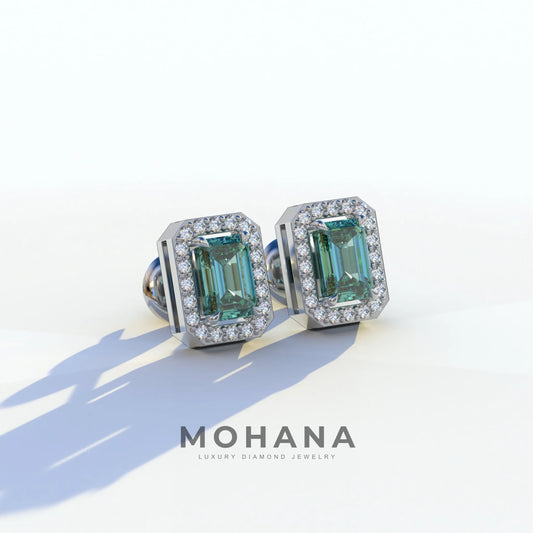 2 Carat Green Emerald Cut Halo Setting Lab Diamond Stud Earrings - Hailey