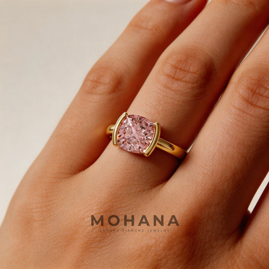 2 Carat Pink Cushion Cut Lab Grown Diamond Half-Bezel Solitaire Engagement Ring ā Ultra Low Profile