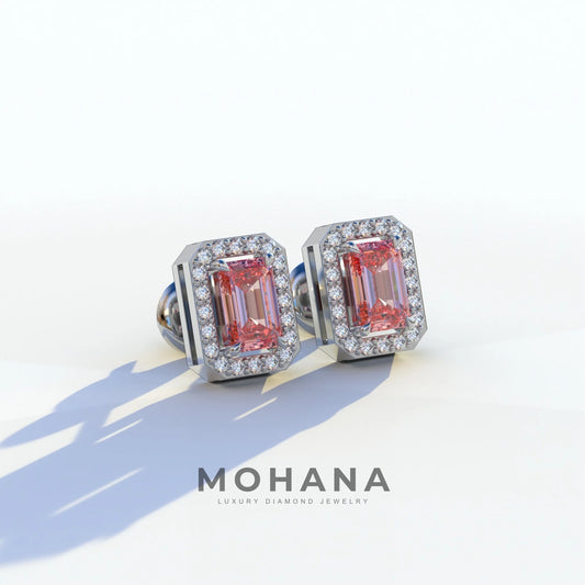 2 Carat Pink Emerald Cut Halo Setting Lab Diamond Stud Earrings - Hailey