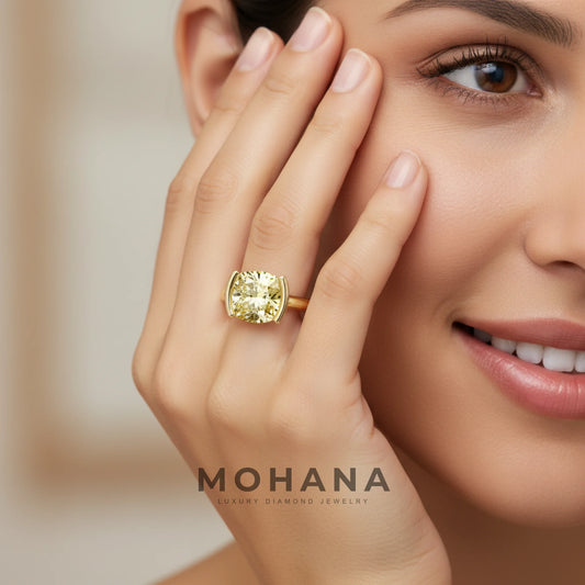 2 Carat Yellow Cushion Cut Lab Grown Diamond Half-Bezel Solitaire Engagement Ring – Ultra Low Profile
