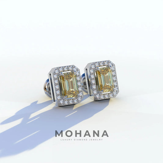 2 Carat Yellow Emerald Cut Halo Setting Lab Diamond Stud Earrings - Hailey
