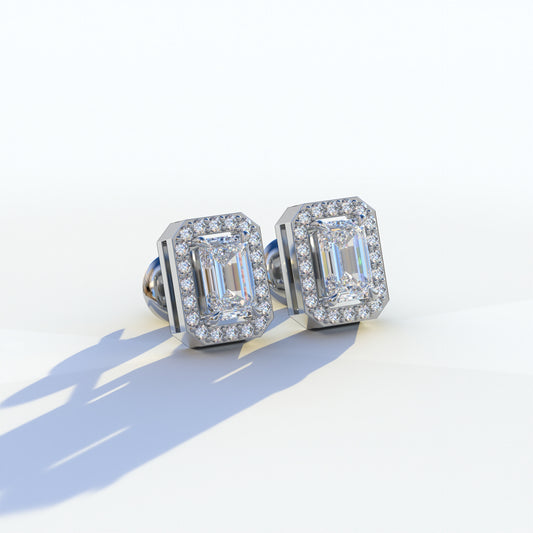 2 Carat Emerald Cut Halo Setting Lab Diamond Stud Earrings - Hailey