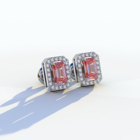 2 Carat Pink Emerald Cut Halo Setting Lab Diamond Stud Earrings - Hailey
