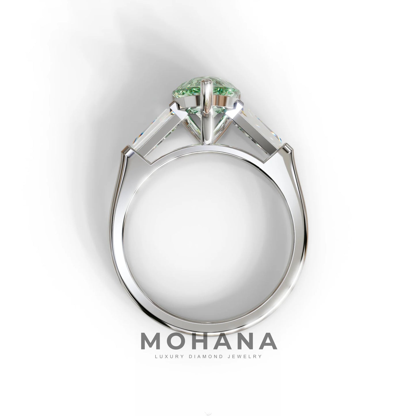 3 Carat Pear Cut Green Lab Diamond Ring 3 Stone Design - Bella