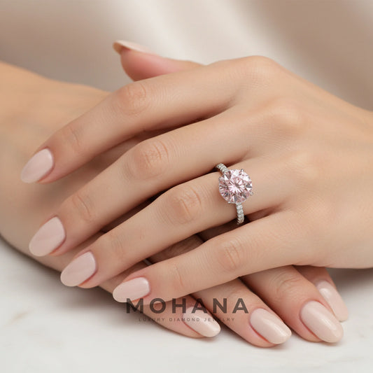 3.5 Carat Fancy Pink Round Cut Lab Grown Diamond Ring - Halo & Pave Setting Wedding Ring