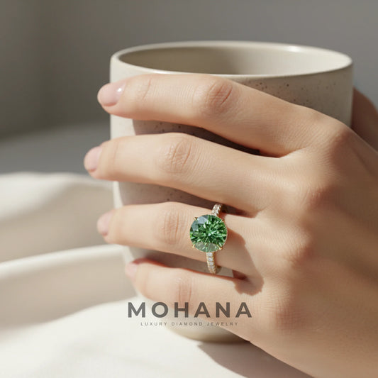 3.5 Carat Fancy Vivid Green Round Cut Lab Grown Diamond Ring - Halo & Pave Setting Wedding Ring