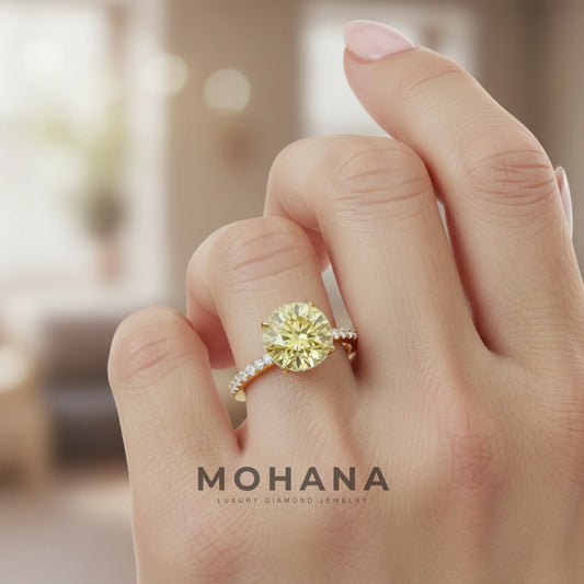 3.5 Carat Fancy Yellow Round Cut Lab Grown Diamond Ring - Halo & Pave Setting Wedding Ring
