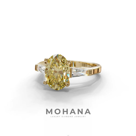 3 Carat Fancy Yellow Oval & Tapered Baguette Lab Grown Diamond Three Stone Engagement Ring