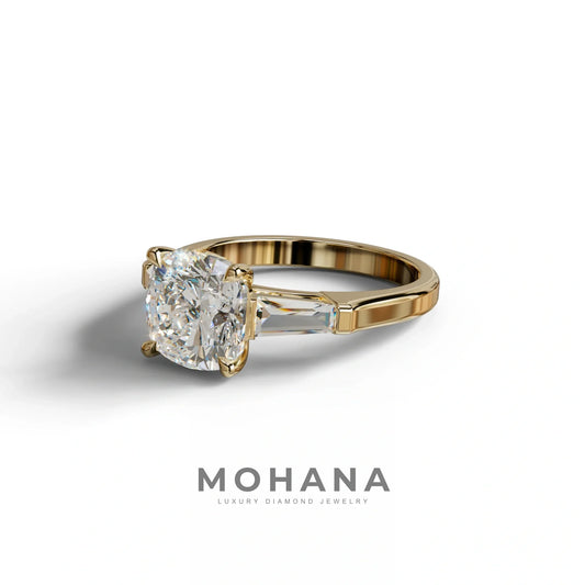3 Carat E-VVS Cushion & Tapered Baguette Three Stone Engagement Ring
