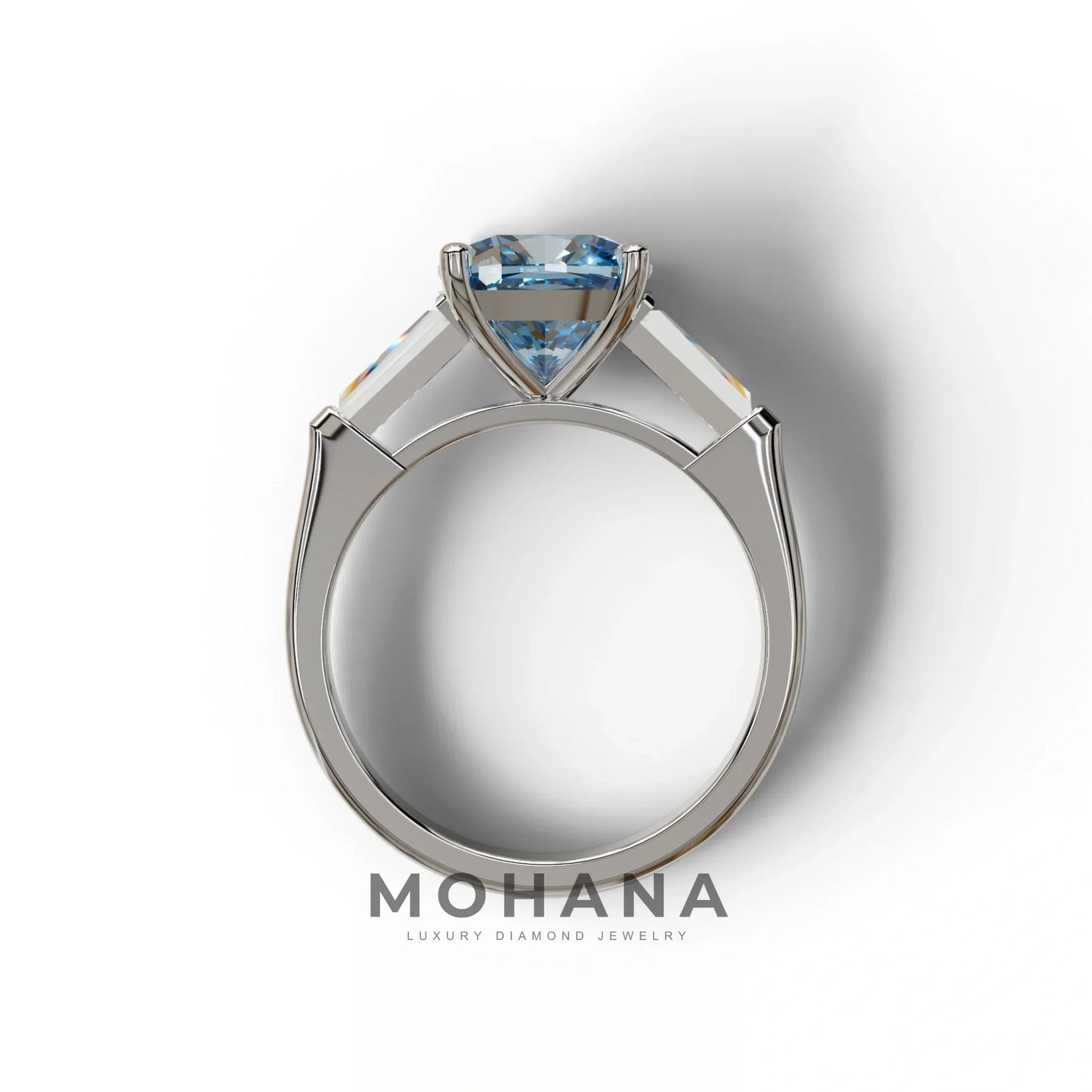 3 Carat Blue Cushion & Tapered Baguette Three Stone Engagement Ring
