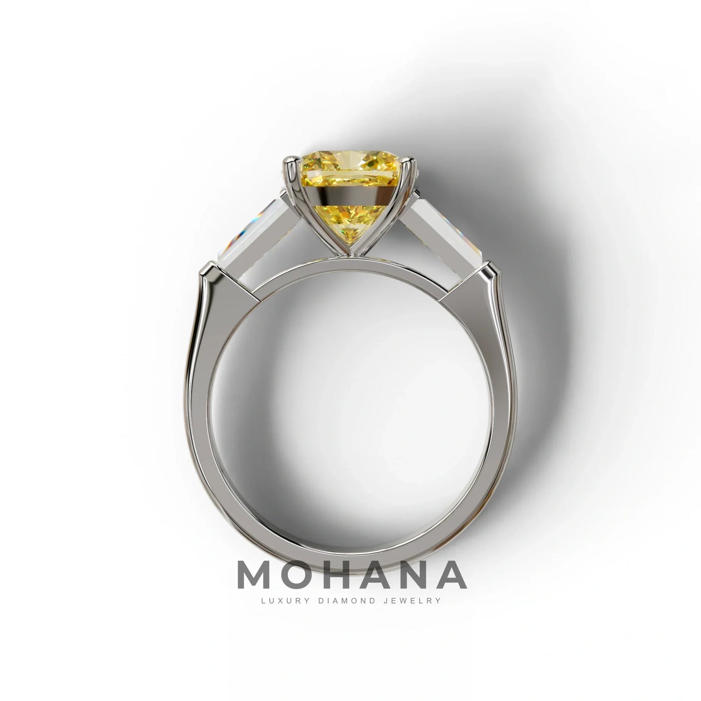 3 Carat Yellow Cushion & Tapered Baguette Three Stone Engagement Ring