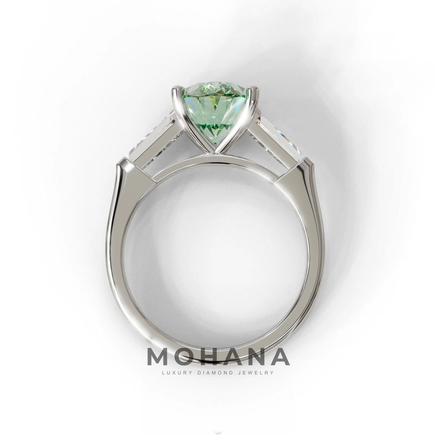 3 Carat Green Oval & Tapered Baguette Lab Grown Diamond Three Stone Engagement Ring