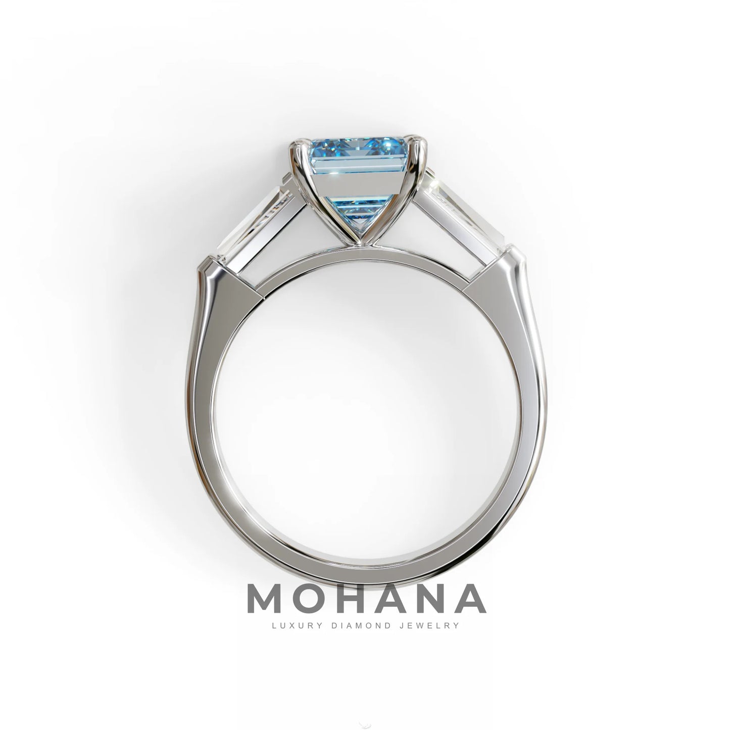 3.75ct Fancy Blue Emerald & Tapered Baguette Three Stone Lab Diamond Ring